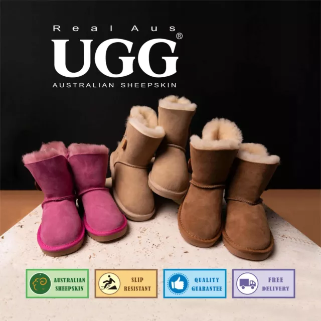 UGG Real Aus 100% Australian Sheepskin Wool Children/Kids One Button Boots Sand
