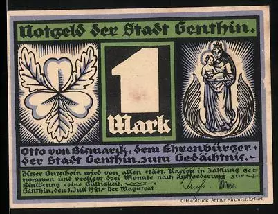 Notgeld Genthin 1921, 1 Mark, Wappen, Portrait v. Bismarck, Ehrenbürger der Sta
