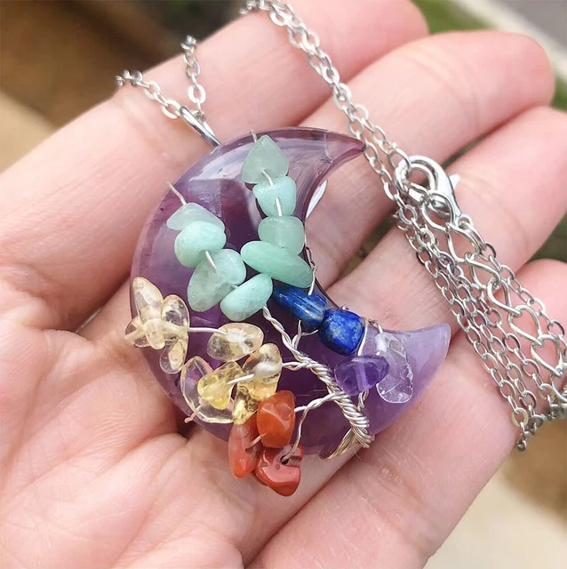 Chakra Crystal Gem Stone Tree of Life Moon Necklace Pendant Reiki Healing Amulet