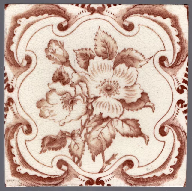 George Marsden - c1890 - Brown Floral & Parchment Scroll Border - Antique Tile