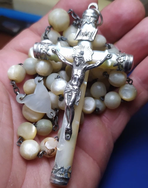 Big Rosary Mother Of Pearl Silver Argent Nacre Grosse Croix Et Perle chapelet