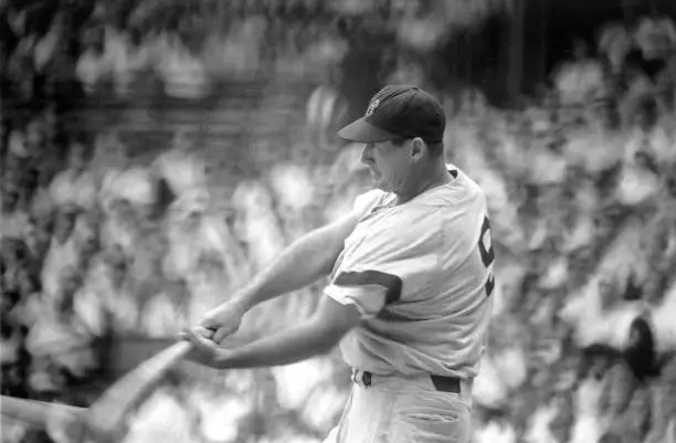 Boston Red Sox Ted Williams in action, at bat vs Cleveland Indians - Old Photo