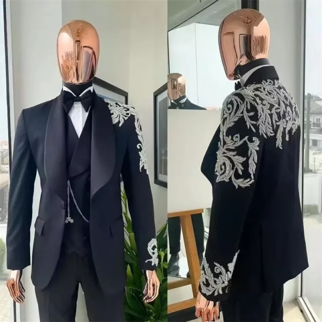 Luxury Appliques Men Suits 3 Pieces Wedding Tuxedo Formal Prom Party Office Wear