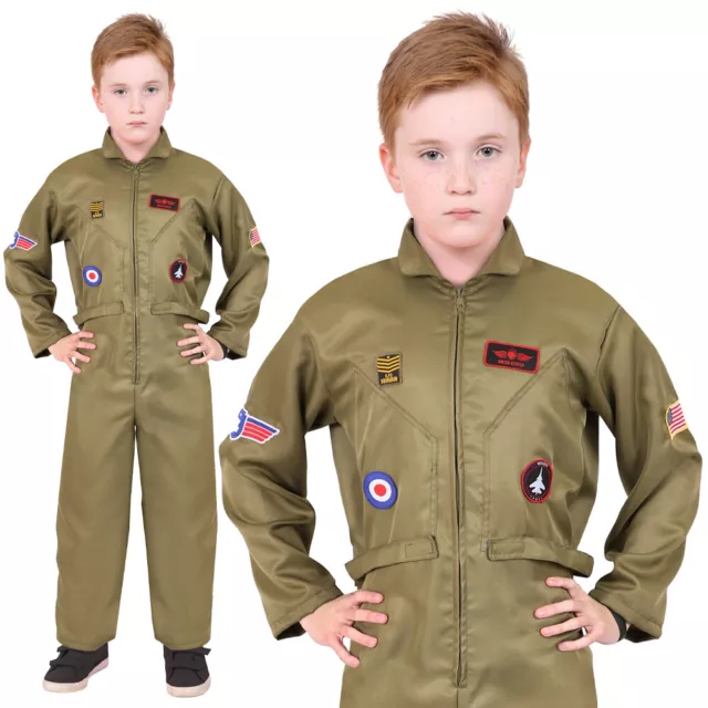 Childs Fighter Pilot Costume Us Army Top Flight Kids Fancy Dress Green Jumpsuit