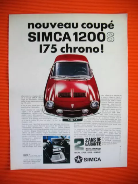 PUBLICITE DE PRESSE SIMCA 1200 S AUTOMOBILE NOUVEAU COUPé 175 CHRONO AD 1967