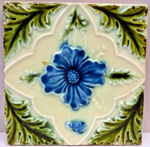 Antique English Tile Majolica Flower Motif Design Ceramic Architecture Rare "144