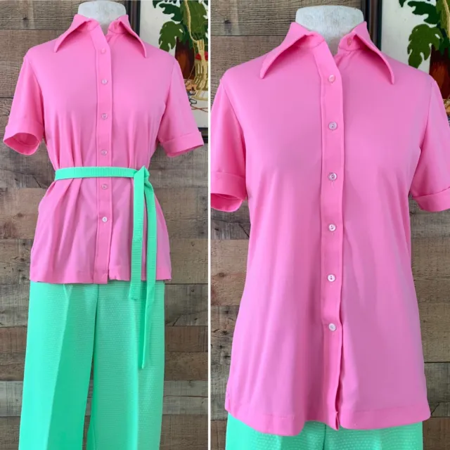 Vintage 1970s Boho Pink Dagger Collar Button Up Shirt Blouse Size M/L