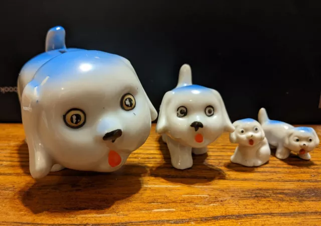 Four Vintage White & Blue Dogs With Pink Tongues Bank & Figurines Made In Japan