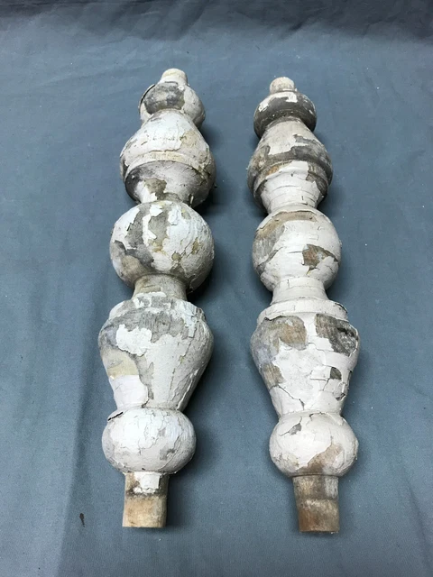 Set 3 – Wood Porch Spindles Shabby White Green Chippy Old VTG 2 Turned, 1 Flat