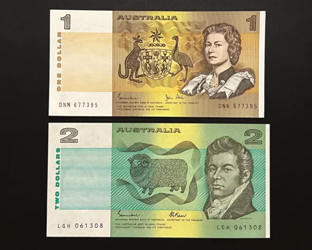 Pair of CRISP AUS Paper Notes ** 1982 $1 + 1985 $2 ** UNCIRCULATED ** ex bundle