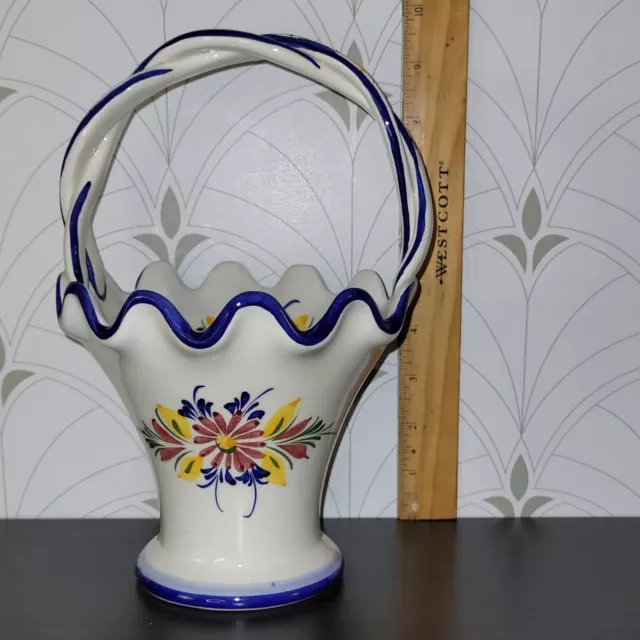 Hand-Painted White w Cobalt Blue Trim FLORAL BASKET HANDLE VASE By RCCL Portugal