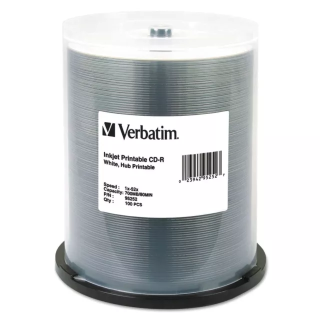 100 x Verbatim Printable CD 52X 700MB 80Min CD-R White Inkjet Printable #95252