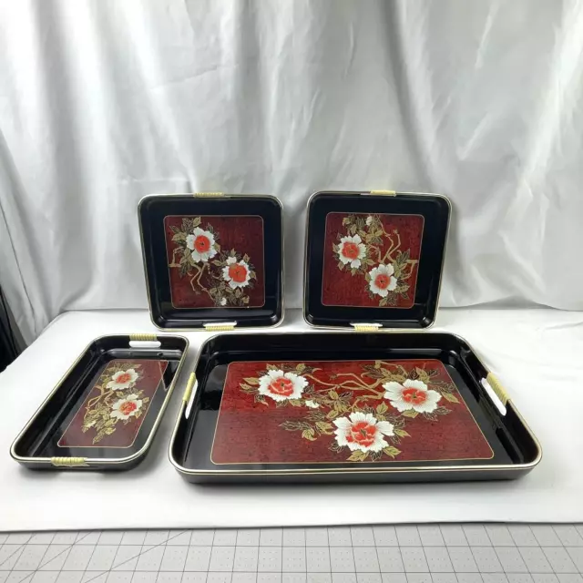 Vintage Japanese 3 Piece Nesting Lacquerware Serving Tray Set With Extra Tray