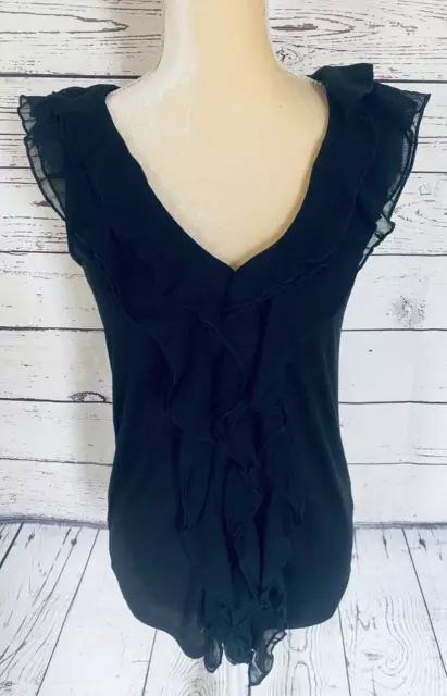 Women’s Medium Tank Top Romeo Juliet Couture Black Soft Chiffon Ruffle V Neck