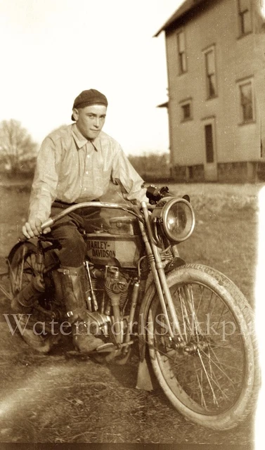1915 era photo Negative Motorcycle Harley Davidson RACE READY Leathers and BRASS