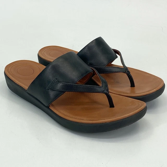 FitFlop Delta Toe Thong Sandals Women Size 5 Black Leather Flip Flops (C17)