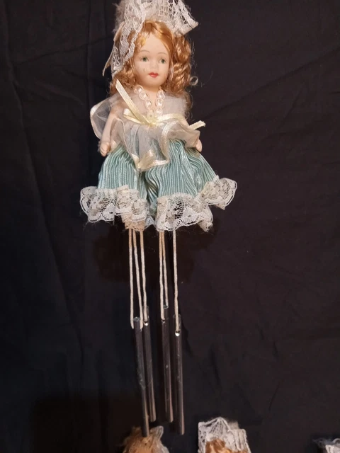Vintage Set Of 3 Porcelain Doll Wind Chimes Ruffle Dress & Lace Hat 12" Long