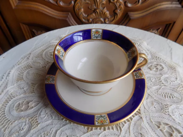 Vintage Morgan Belleek Tea  Cup & Saucer with cobalt, gold decor and flowers