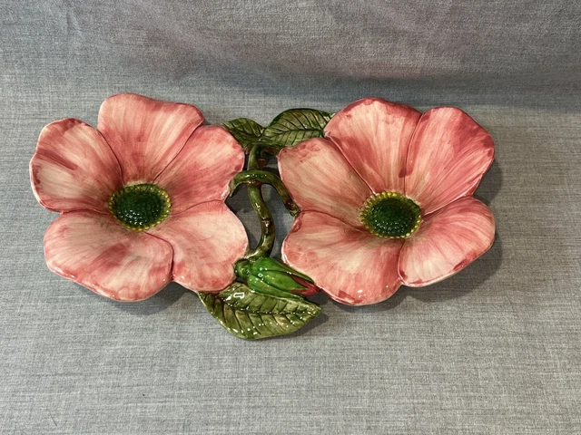 Handmade Studio Art Porcelain Majolica Pottery Floral Dish Signed