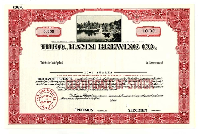 MN. Theo. Hamm Brewing Co., 1950s 1000 Shares Specimen Stock Certificate, VF