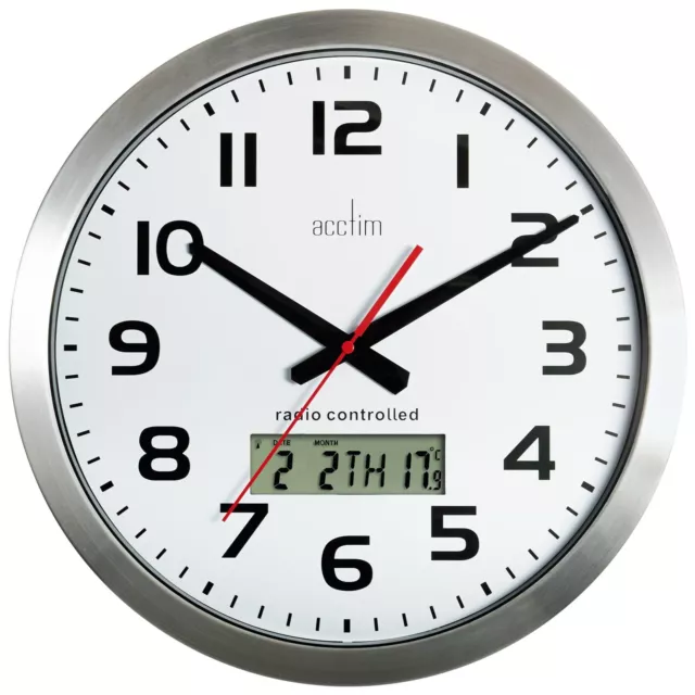 Acctim Meridian Aluminium 38cm Radio Controlled Wall Clock Day/Date/Temp Display