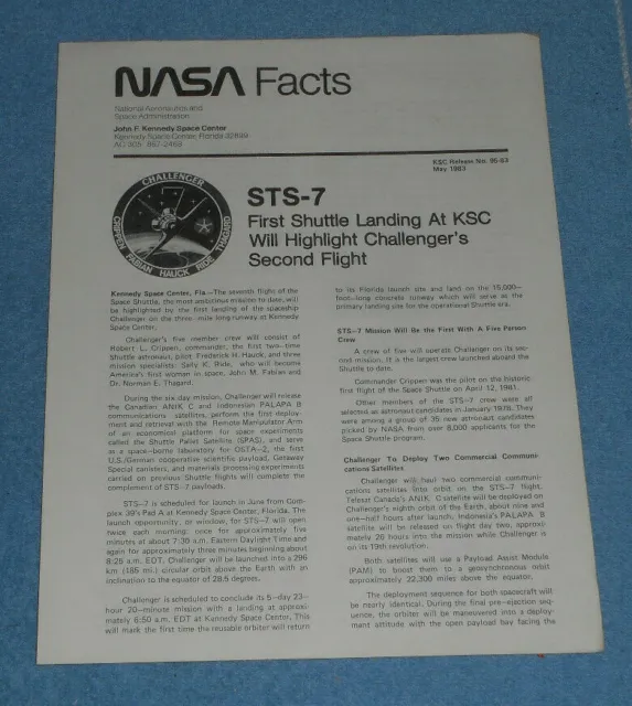 1983 NASA Facts STS-7 First KSC Space Shuttle Landing Challenger Second Flight