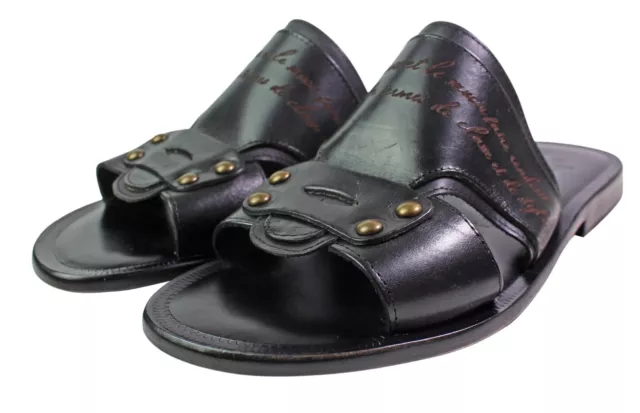 Leather Italian Sandals Mens Black Genuine Leather Slip on Shoes Handmade Giulio