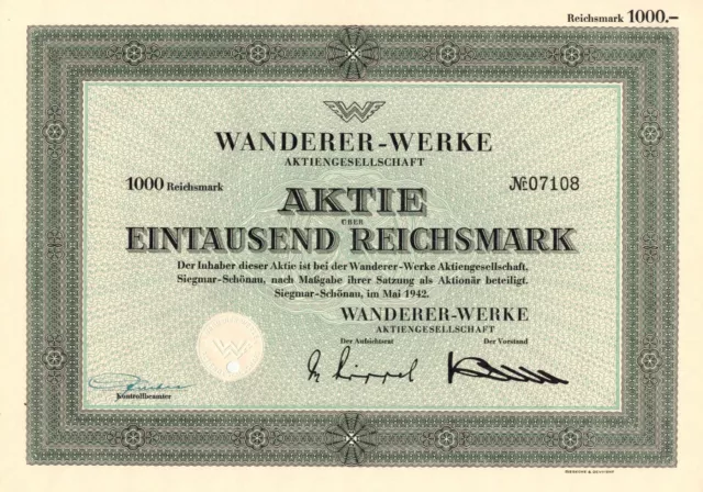 Wanderer Werke AG - Historische Automobil - Aktie - 1942 - 1.000 Reichsmark -