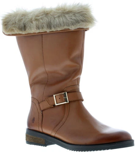Hush Puppies Femme Long Bottes BONNIE Cuir Fermeture Éclair Fauve UK Taille