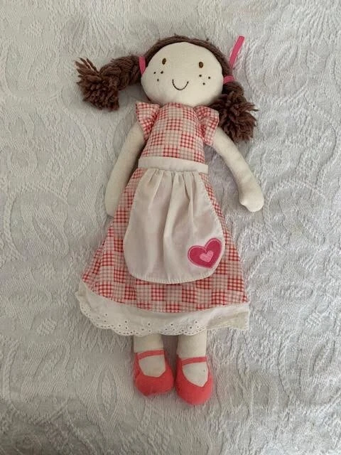 M&S Rag Doll Red Checked  Dress Brown Hair Red Bow 12” Soft Toy Plush Comforter