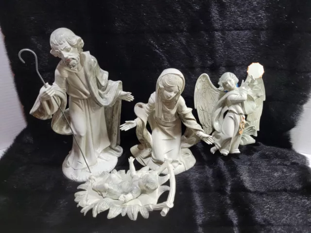 Vtg Italian Nativity Set w/ hanging angel Light Gray Resin 4 Peice large 12"