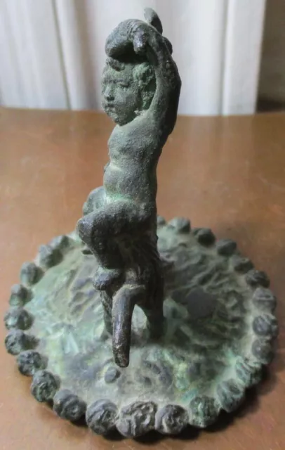Antique Bronze Statue Sculpture Paperweight Cherub Riding Goat Holding Pheasant 3