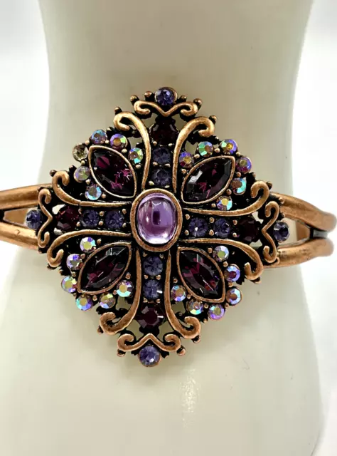 Lia Sophia Purple Rhinestones Flower Bronze Tone Cuff Bracelet