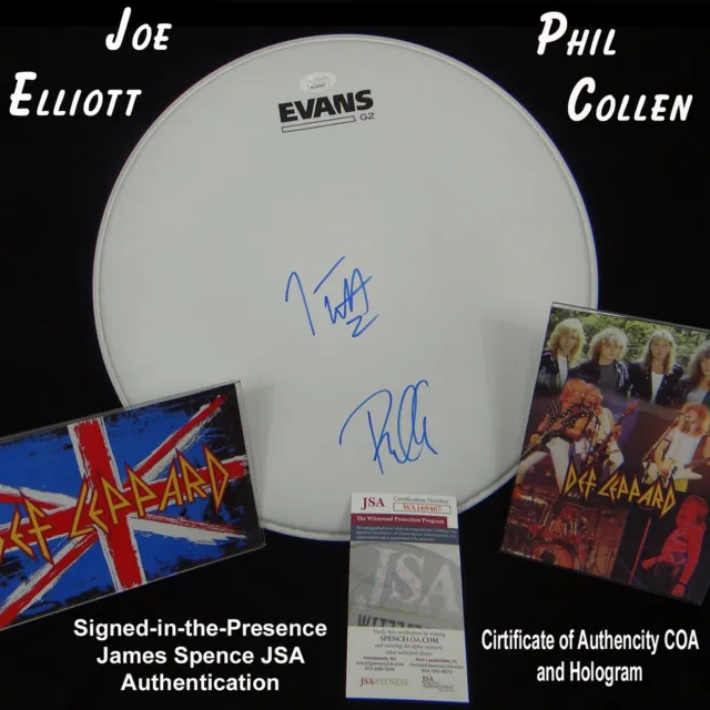 Def Leppard Joe Elliott & Phil Collen Autographed 14" Drumhead w/ JSA COA
