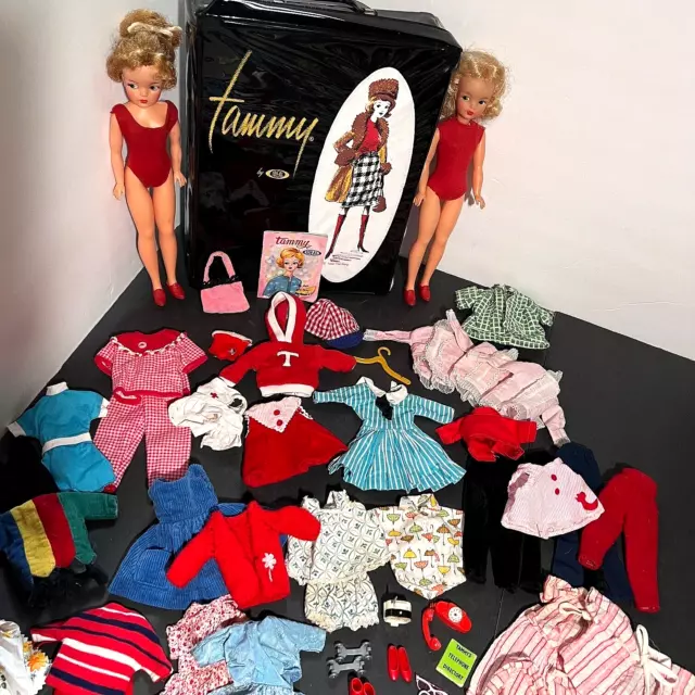 Original 1962 Two Tammy Dolls, Black Vinyl Case Lots of Clothes & Accessories