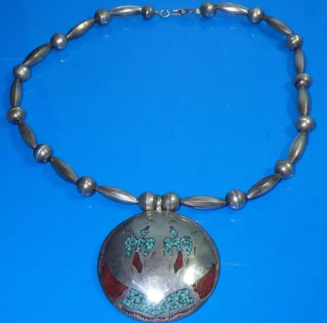 vintage necklace turquoise coral bench pearls melon beads sterling silver H 16.5