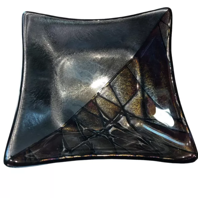 Kurt McVay Dichroic Art Glass Dish Tray Fused Black Iridescent SIGNED