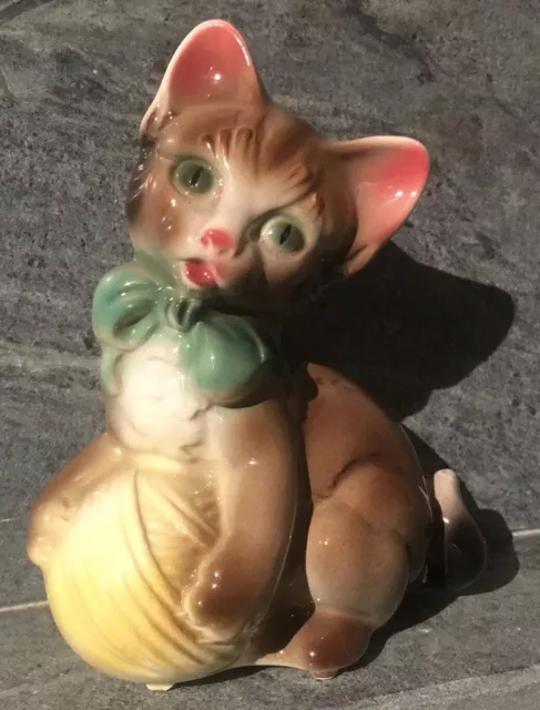 Vtg 1950s Kitten Cat Green Bow Yarn Ceramic Pottery Figurine 7” ROYAL COPLEY