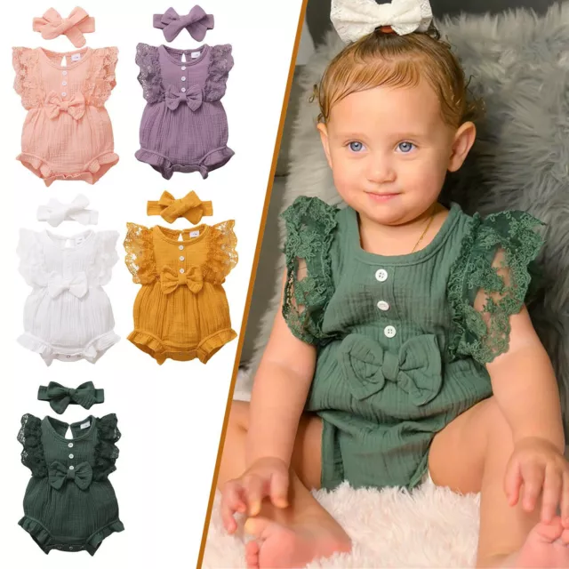 Infant Baby Girl Cotton Linen Lace Bow Romper Jumpsuit+Headband Clothes HOT