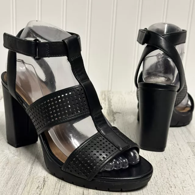 Clarks Pastina Castle Womens Cutout Black Leather Strap Block Heels Shoes size 7