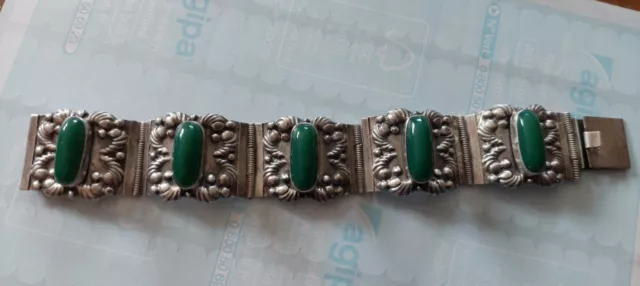 bracelet argent massif ancien Pierres  Vertes  Semi Articulé 1970