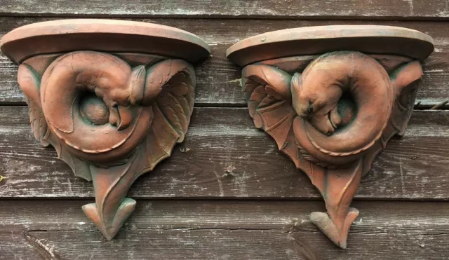 Pair of Dragon Serpent Corbels plinths decorative stone ornaments wall plaques