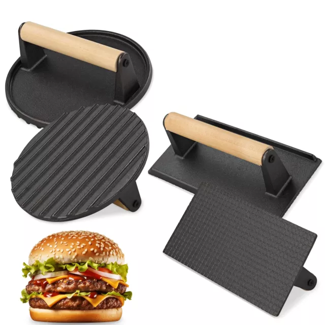 Burger Press for Griddle Set of 4 - Round 7 Inch and 8 x 4 Inch Rectangle Woo...