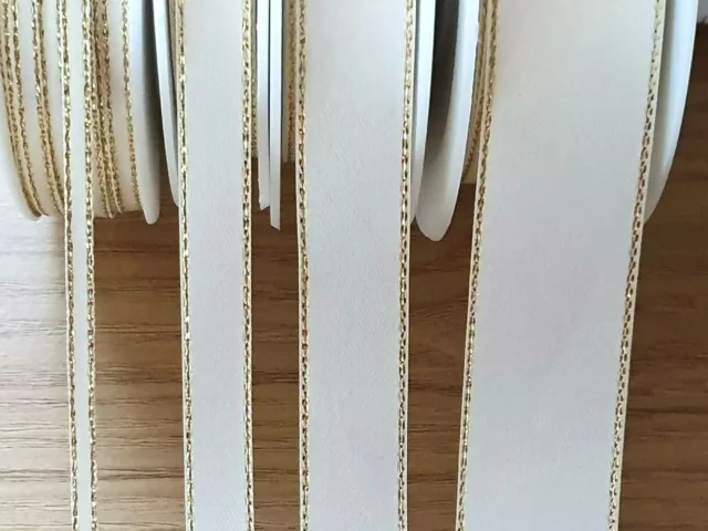 1 or 3 Metre CREAM SATIN GOLD LUREX EDGE RIBBON TRIMMING 3MM 10MM 15MM 25MM UK