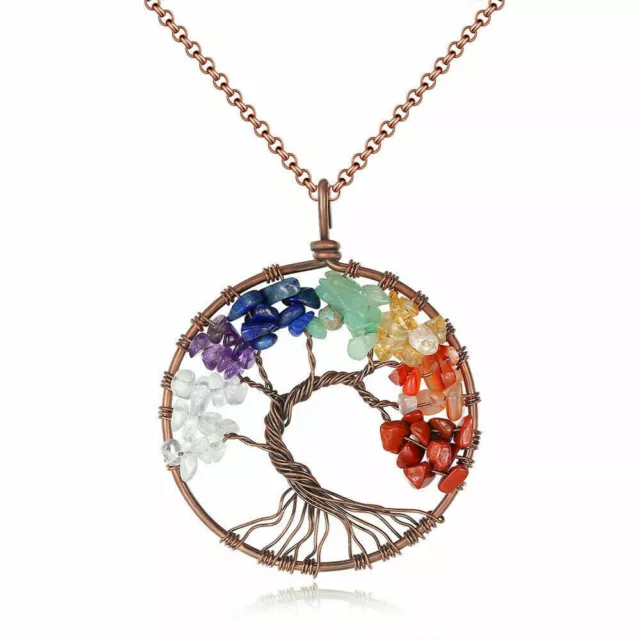 Natural Gemstone Tree of Life Pendant Necklace 7 Chakra Healing Crystal Charm