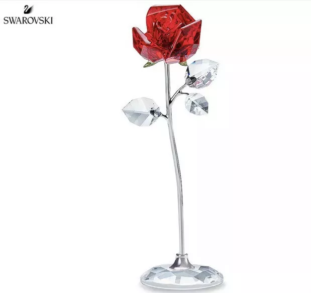 NIB Swarovski Flower Dreams Red Rose With Green Large Crystal Figurine #5490756