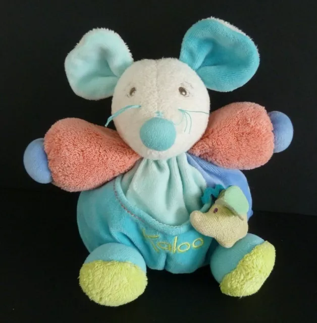 X9- Doudou Boule Kaloo Souris Bleu Poche Vert Rose Grelot 18 Cms - Tbe