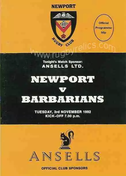 NEWPORT v BARBARIANS 1992 RUGBY PROGRAMME