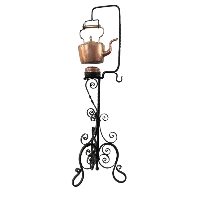 Antique Copper Tea Kettle on Wrought Iron Stand