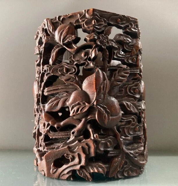 Chinese Exquisite carved Hollow out Peach leaves natural bamboo Pen Brush pot